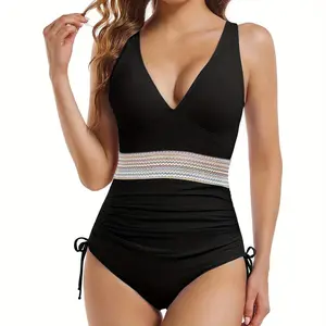 Women's one-piece swimsuit, padded cup swimsuit, stylish swimsuit with color block design, drawstring V-neck slim fit swimsuit