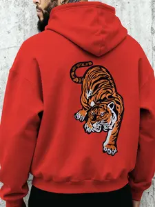 Men's Tiger Print Hoodie, Drawstring Kangaroo Pocket, Loose Fit Fleece Lined, Casual Fall & Winter Sweatshirt, 14 Colors