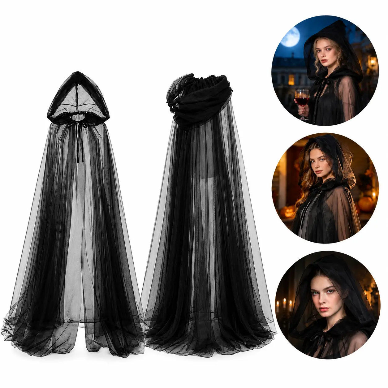 Halloween Cosplay Shawl, Wine Bride Witch Vampire Women Costume Accessory,Hercicy Halloween Lace Cape Full Length Hooded Cloak Gothic Witch Sheer Cape for Cosplay Vampire Costume Wedding