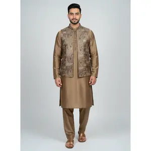 3 pc Katan silk fancy Kurta Trouser with waistcoat