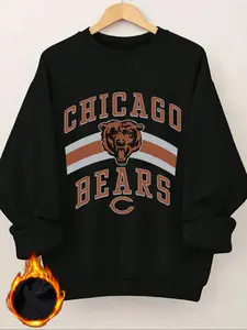 Vintage Chicago Football Round Neck Sweatshirt, Casual Fitted Letter Pattern Tee, Fall & Winter Sports Wear, Game Day Apparel