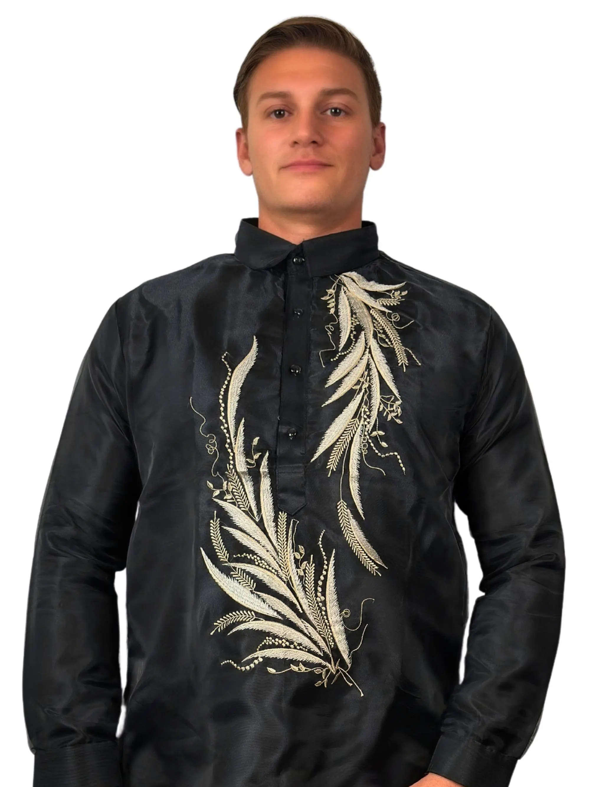 Handmade Kapamilya Barong Tagalog for Men - Long Sleeve Modern Filipino Shirt - Black Embroidered Organza - US Size