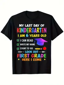 Geometric Print T-Shirt for Boys Girls 100% Cotton Crew Neck Short-Sleeve FIRST GRADE HERE Design Perfect for Graduation Celebrations Kindergarten