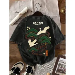 Unisex Oversized Retro Washed Crane Embroidery T Shirt with Ukiyo E Style Pine Tree Print and Casual Cultural Fashion Appeal