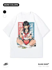 Anime Street Style Sailor, Girl Eating Ramen Graphic Tee, Loose Short Sleeve, Breathable Casual Wear, Unisex Fashion Top