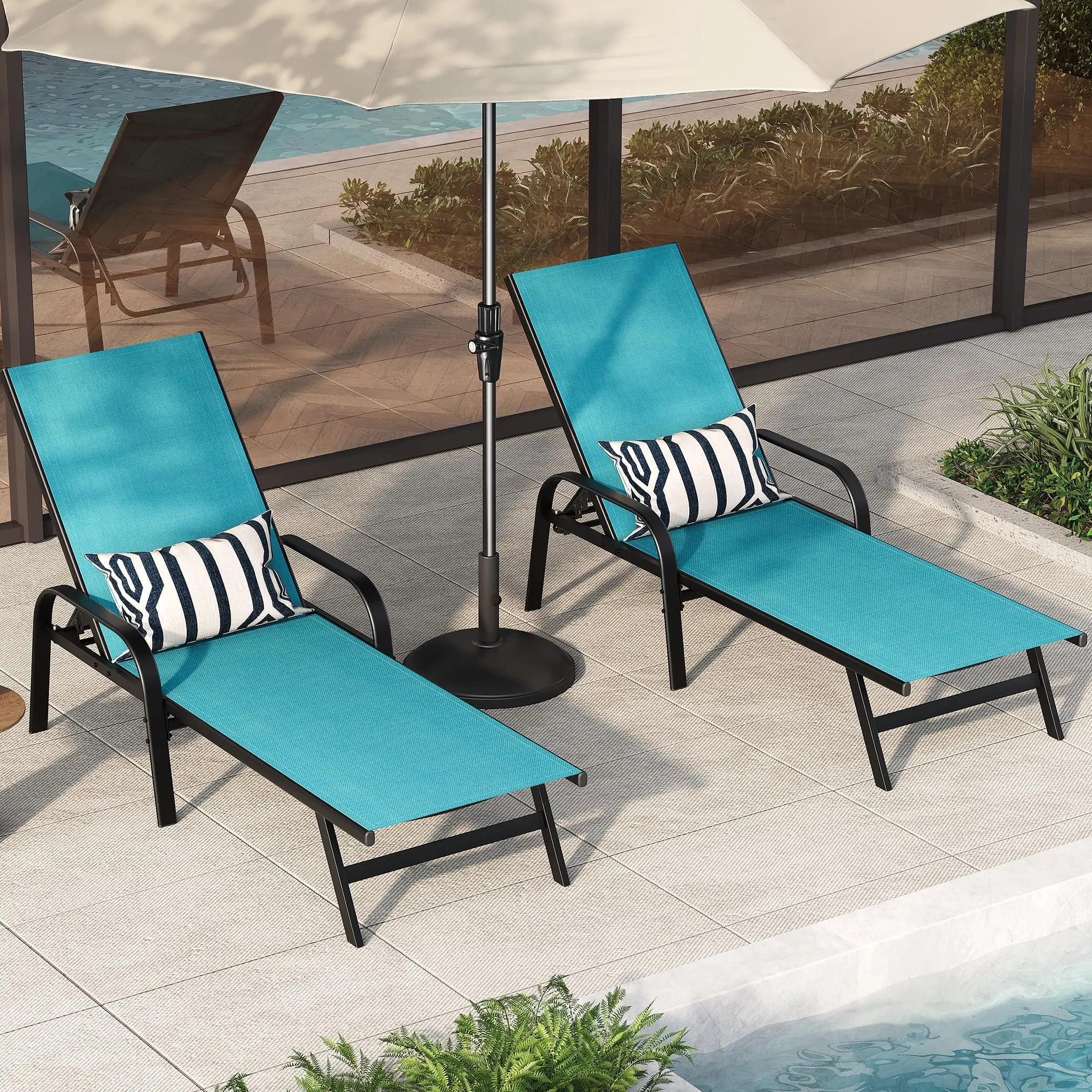 Gaomon 2-Piece Sky Blue Curved Outdoor Adjustable Reclining Sun Tanning Chair Set, UV-Resistant Textilene Fabric, 5-Position Backrest, Ergonomic High Back Full-Motion Support Chairs & Stools, Commercial Office Poolside Outdoor Furniture Set