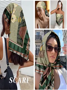 Surreal Space & Vintage Print Square Scarf - Whimsical Green Satin Bandana for Women, Versatile Hair Wrap/Neck Scarf/Bag Accessory, Perfect for Art Festivals & Cosmic Holiday Fashion