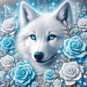 Mystical White Wolf with Blue Roses 5D Full Drill Diamond Painting Kit – Enchanted Winter Design with Shimmering Ice Blue & Silver Accents – Magical Fantasy Art DIY Wall Decor – Ideal Gift for Wolf Lovers & Craft Enthusiasts