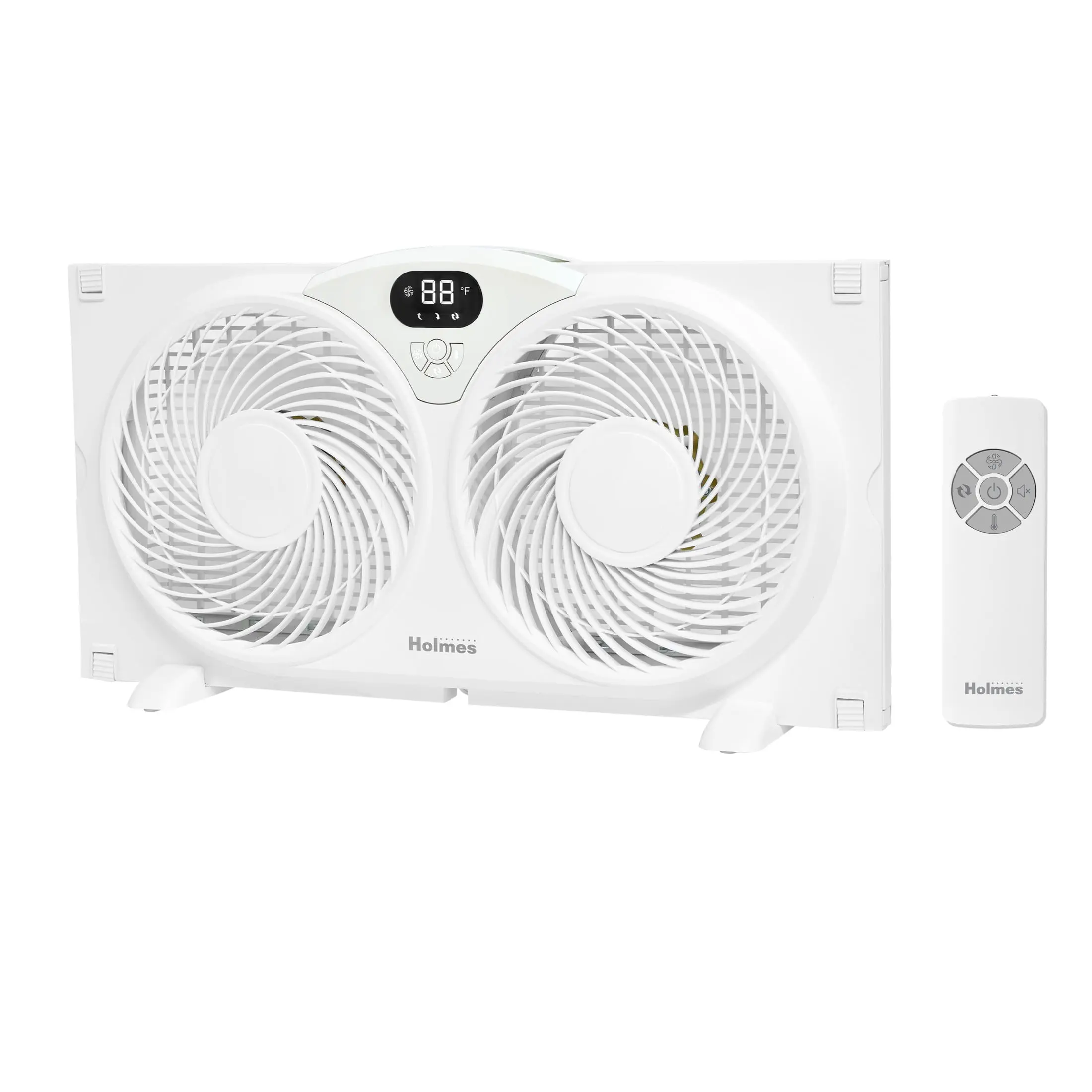 Holmes 9 Inch Digital Window Fan 3 Speed Thermostat, Twin Blades White