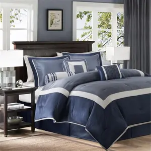 212 MAIN 7-Piece California King Soft Bedroom Bedding & Bed Skirt Set, Madison Park MP10-4043 Comforter Set with Neutral Look - Navy
