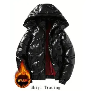 Street Style Hooded Puffer Jacket for Men - 100% Polyester Shiny Windproof Winter Coat with Removable Hood, Zip Pockets, Casual Long Sleeve Regular Fit Thermal Outerwear - For Men - Suitable for Winter - Perfect Gift for Outdoor E