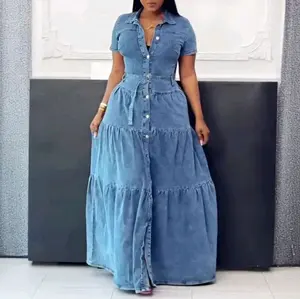 Denim Maxi Dress with Short Sleeves and Button Front Design for Women Casual Womenswear Summer Basic Minimalist Shortsleeve Everyday