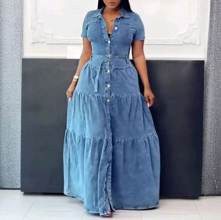 Denim Maxi Dress with Short Sleeves and Button Front Design for Women Casual  Womenswear Summer Basic Minimalist Shortsleeve Everyday - TikTok Shop