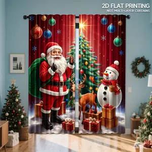 2-Piece set, Holiday Santa and Reindeer print curtains - red and green Christmas decoration with gold balls,translucent, suitable for living room, bedroom, pole bag design, Christmas decoration, Christmas curtains with Santa and dolls,Home Decor Ornaments