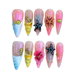 10PCS Long Stiletto Ocean-Inspired 3D Press-On Nails – Shell, Starfish & Flower Design | Iridescent Pink & Blue | Reusable Acrylic Fake Nails | Beach Vibes