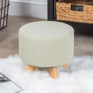 Adeco Round Ottoman Foot Rest Stool, Small Fabric Footstool with Non-Skid Wood Legs