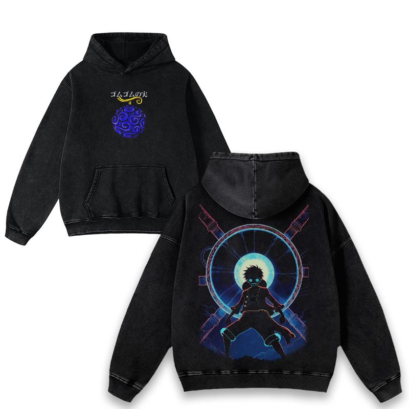 Lufi JoiBoy One Pice-hoodie RetroVintage Unisex Anime Manga Acid Washed  Cotton Tshirt Gift For Anime Fan Tees Vintage Shirts T-shirt Men's Graphic Round Neck Fabric Menswear Top Oversized Black Casual Crewneck Summer Piece Devil Fruit clothing men