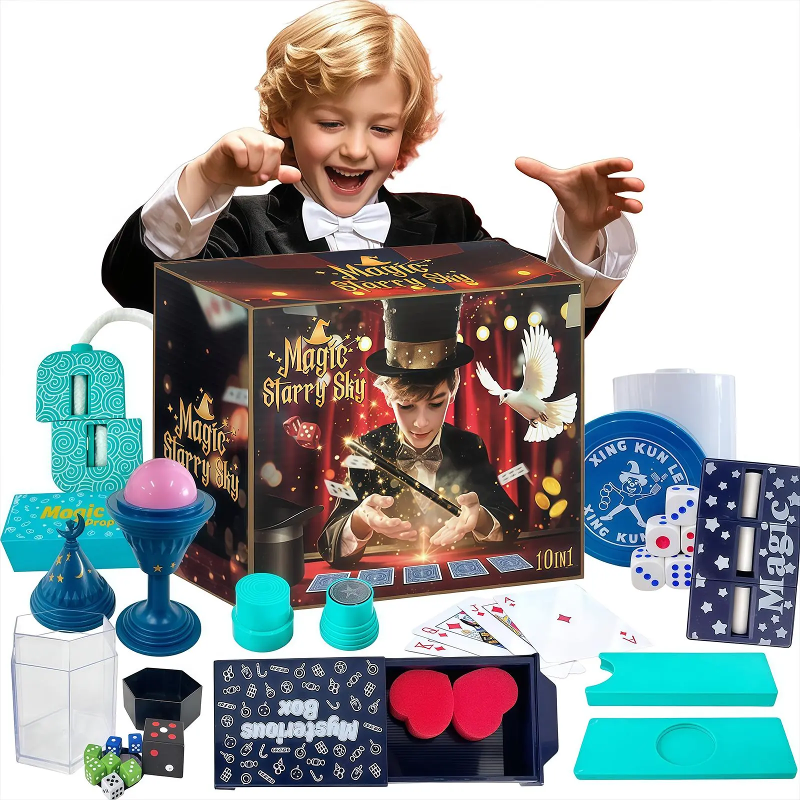 Children's magic gift box set-magic toys -10 magic props, step-by-step video description of skills, Christmas and Halloween birthday gift toys, suitable for boys and girls aged 678910112.