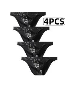 Men's Faux Leather Underwear Set, Four-Pack Slim Fit Comfortable Casual Fashion Briefs, Mid-Waist Pure Color Men's Panties, Imitation
