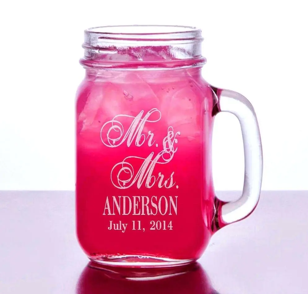 Mr Mrs Etched Mugs with Handle Mason Jar Glasses Custom Wedding Party Bridesmaid Gift Groomsmen Favor Wedding Favors Set of 2