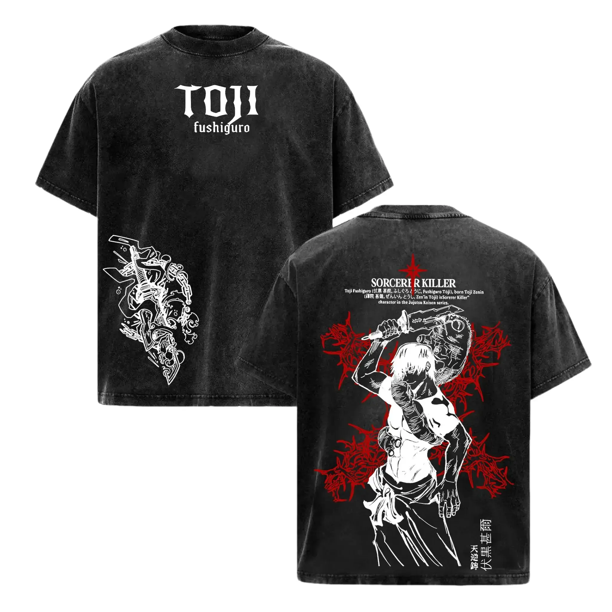Toji Fushiguro Sorcerer Killer JJK Jujutsu Kaisen Oversized Graphic Tee Heavyweight Acid Wash Cotton Double Printed T Shirt Y2K Streetwear Shibuya Incident Gym Pump Cover Heavenly Restriction Manga Aesthetic Grunge Outfits Gift Unisex Vintage