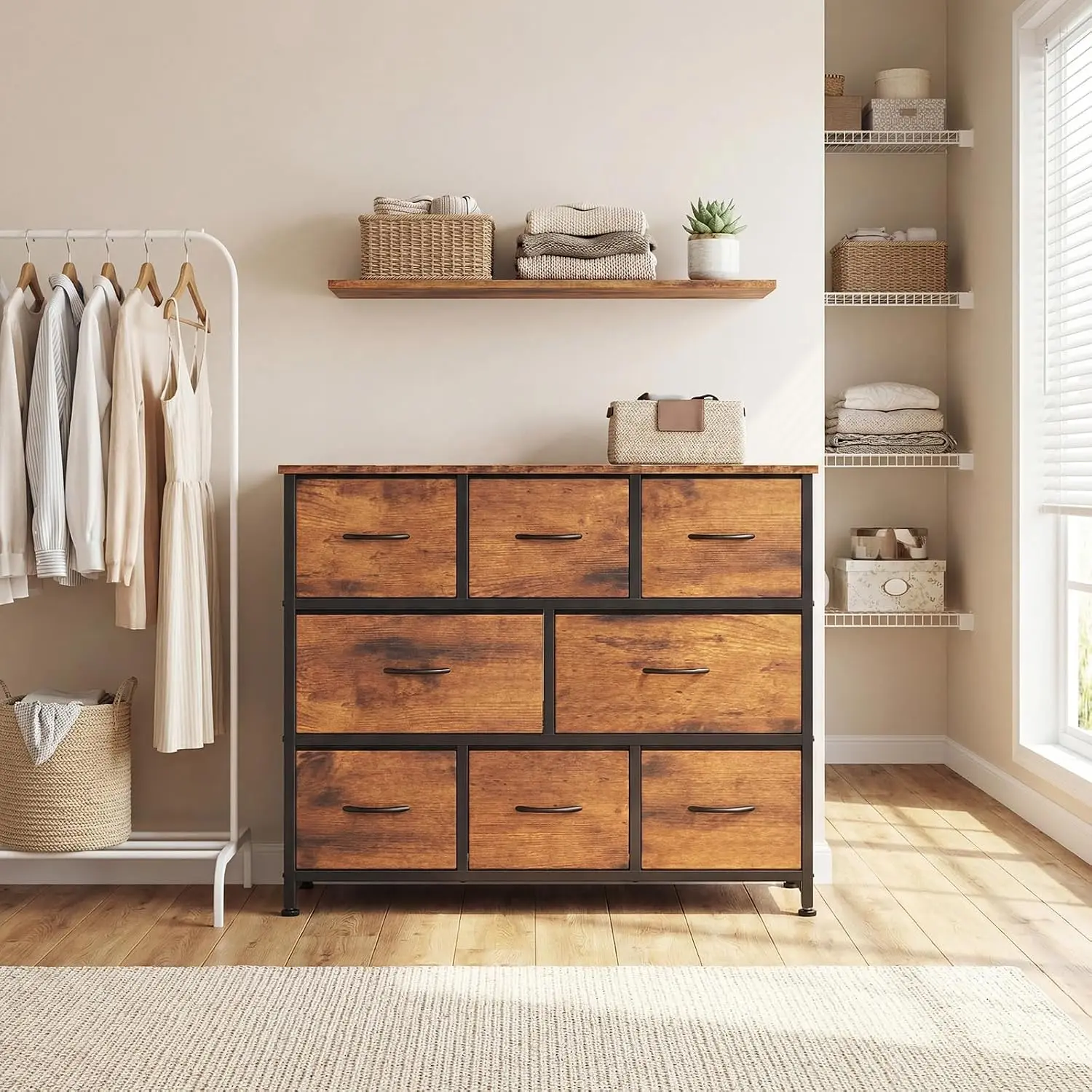 8-Drawer Wide Fabric Chest of Drawers, Large-Capacity Indoor Storage Dresser with Sturdy Steel Frame & Smooth Wooden Tabletop, Suitable for Bedroom, Living Room