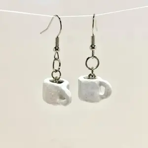 Coffee Cup Earring - Unique Design White Ceramic Shape with Hook Closure