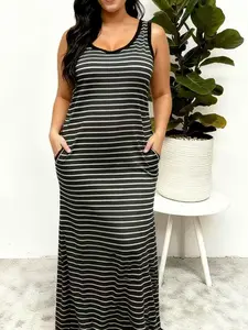 Women's Plus Size Striped Patchwork Tank Dress, Soft Skin-Friendly Casual Wear, Pockets Design, Comfortable Home Clothing, Casual Comfy Chic, Casual Comfy Classy