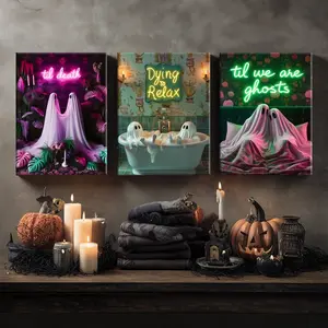 3 Counts Wooden Framed Canvas, Interesting Neon White Ghost, Halloween Home Poster, Halloween Party Decorations, Living Room And Bedroom Hanging Paintings, Horror Theme, Interesting Posters, Exquisite Gifts, High-Definition Art