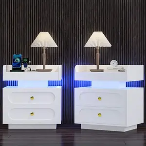 LED Nightstand Set Of 2, Modern Night Stand With Charging Station, Bedside Tables With 2 Drawers, End Table For Bedroom, Rounded Design, Black/ White (USB LED Strip)