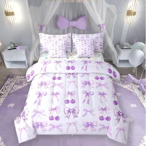 Feelyou 7-Pieces Purple Cherry Bow Bedding Set - Comforter, Sheets, Cute Silk Ribbon Bowknot Bed-in-a-Bag for Princess-Themed Kawaii Bedrooms, Bedding Supplies, Breathable Sheets