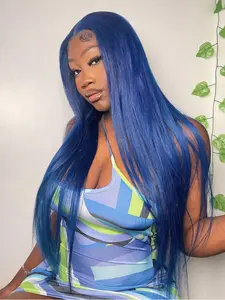 Royal Blue Straight Lace Front Wig 28 Inch Long Synthetic Hair 13x4 HD Transparent Lace Heat Resistant Pre Plucked Hairline Free Parting for Women Daily Wear Natural Hairline Wig Pre Plucked Wigs
