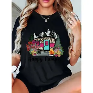 Women's Happy Camper Leopard Print Camper Floral Campfire Mountain Graphic T-Shirt for Camping Outdoor Enthusiasts Casual Wear 100% Cotton T-shirt