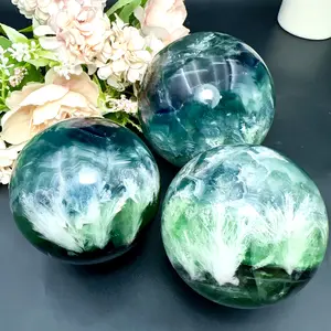 1 Natural Snowflake Feather Rainbow Fluorite Crystal Ball (2.7-3.1 Inches) - Bohemian Style Purple and White Marble Pattern Decorative Ball, Suitable for Home and Office, Christmas and Mother's Day Gifts, Collectible Crystal Decorations