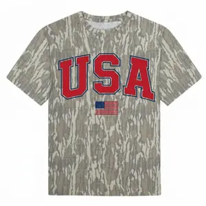 USA Patriotic Bottomland Camo T-Shirt – Bold Red USA Flag Graphic Camo Tee, Casual Outdoor Fourth of July Gift, Patriotic Streetwear Shirt for Men Women
