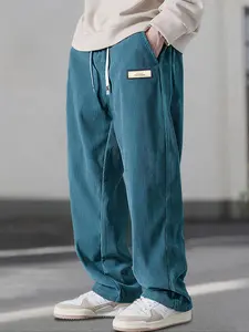 Men's Long Corduroy Pants Spring & Fall, Vintage American Style Loose Straight Leg Workwear Casual Trousers, Waist Drawstring, Street Style