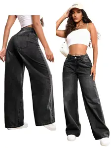 Y2K Retro Wide Leg Jeans for Girls 12-16 Years, Snow Wash High Waist Loose Fit, School and Streetwear, Height 150-170cm