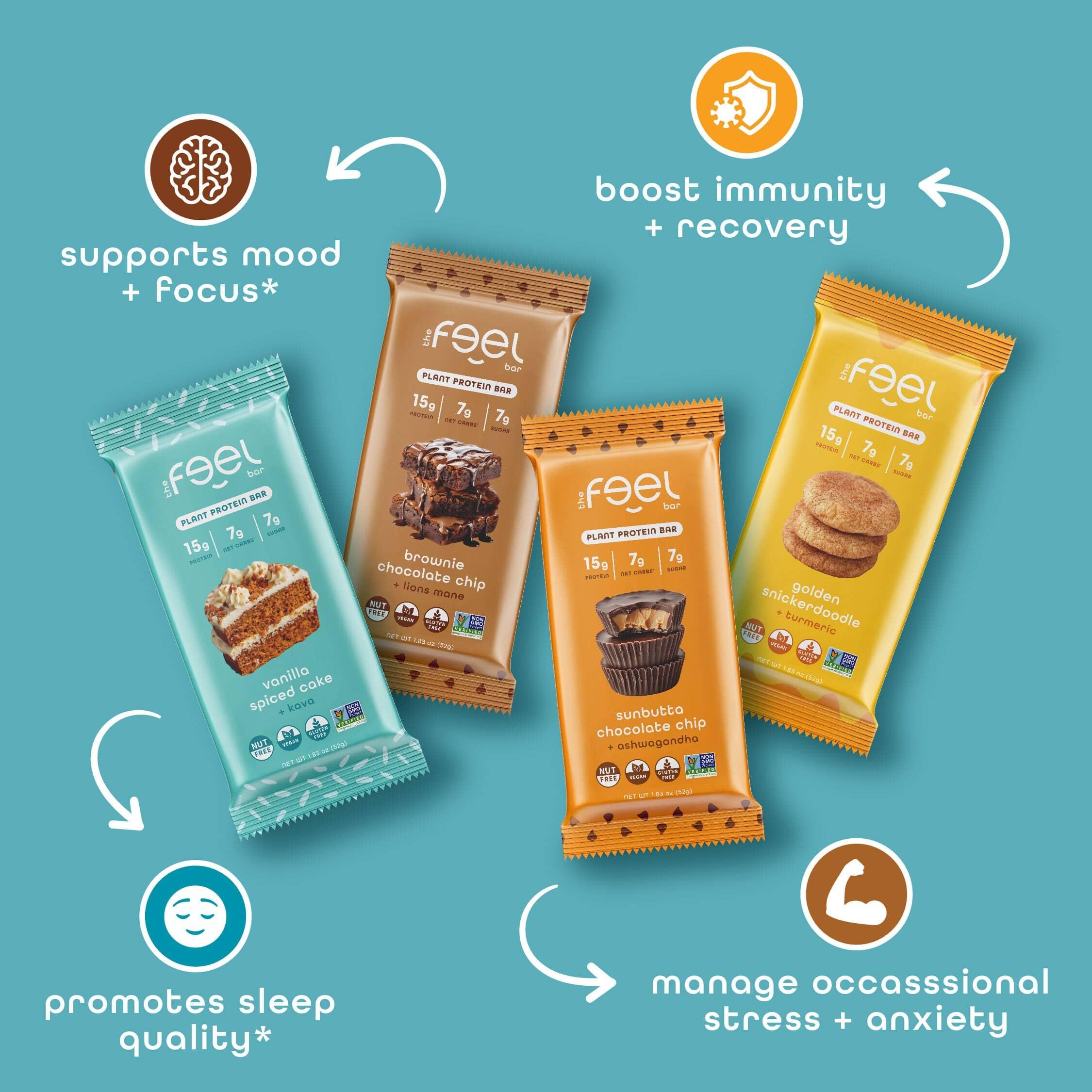 Feel Bars – Vegan Protein Bars | Cookie Dough – 10 Pack | 15g Plant Protein | Cordyceps | Keto | Organic | Gluten Free, No Nuts, No Soy, No Dairy, No Grains