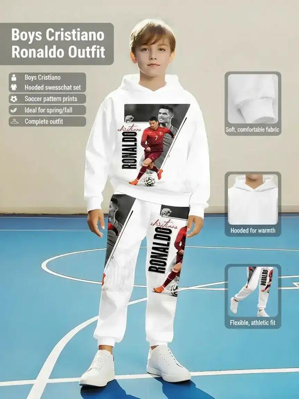 Boy's CR7 Football Themed Sweatsuit with Soccer Number Prints, Hooded Sweatshirt and Pants, Casual Outfit for Spring & Fall