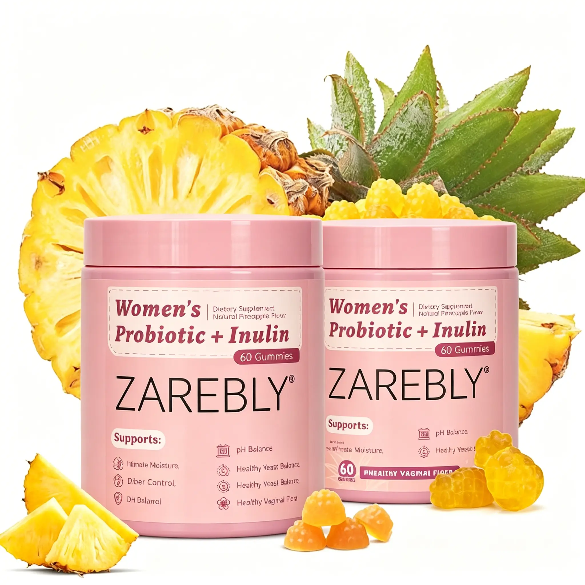 ZAREBLY Feminine Probiotic + Inulin Gummies, Pineapple Natural Flavor, Help Maintain Healthy pH & Body Flora, 60 Gummies daily vitamin need balance