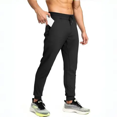 ROUWELL High-Stretch Men's Sports Joggers - Wide Tapered Ankle-Fitted Cuffed Legs, Side Zipper Pockets, Inner Drawcord, Sporty Chic Activewear for Gym, Spring Casual Outdoor Use