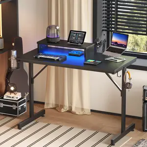 Bestier Gaming Desk with LED Lights & Monitor Stand, 42 inch Small Computer Desk Gamer Workstation with Cup Holder & Headset Hooks, Modern Simple Style Desk for Home Office Led Table