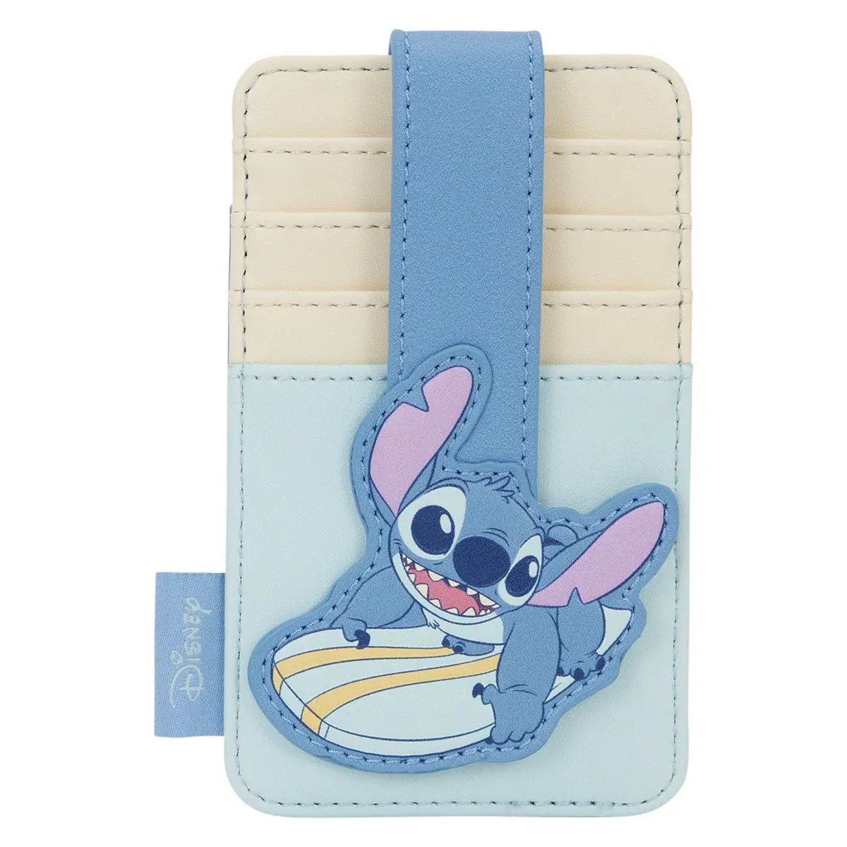 Loungefly Disney Lilo & Stitch Surfing Stitch Polyurethane Card Holder with Applique Detail, Secure Strap, and ID Window, Strap Stays Put