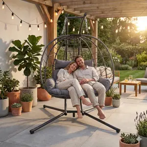 Double Hanging Egg Chair with Stand, 2-Seater Patio Hammock Swing Loveseat with Soft Cushion, Indoor Outdoor Swing Chair for Bedroom Balcony Garden Brown/Grey