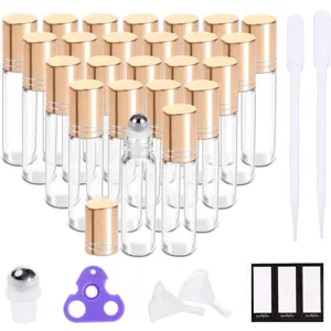 Essential Oil Roller Bottles 10ml (24 Pack Clear Glass Bottle with Gold Cap, 4 Extra Roller Balls，48 Labels, 2 Openers, 2 Funnels