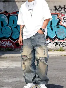 Men's Wide Leg Jeans Pants, Trendy Loose Fit Distressed Beggar Style Long Trousers, All Season Streetwear Fashion, Menswear Casual