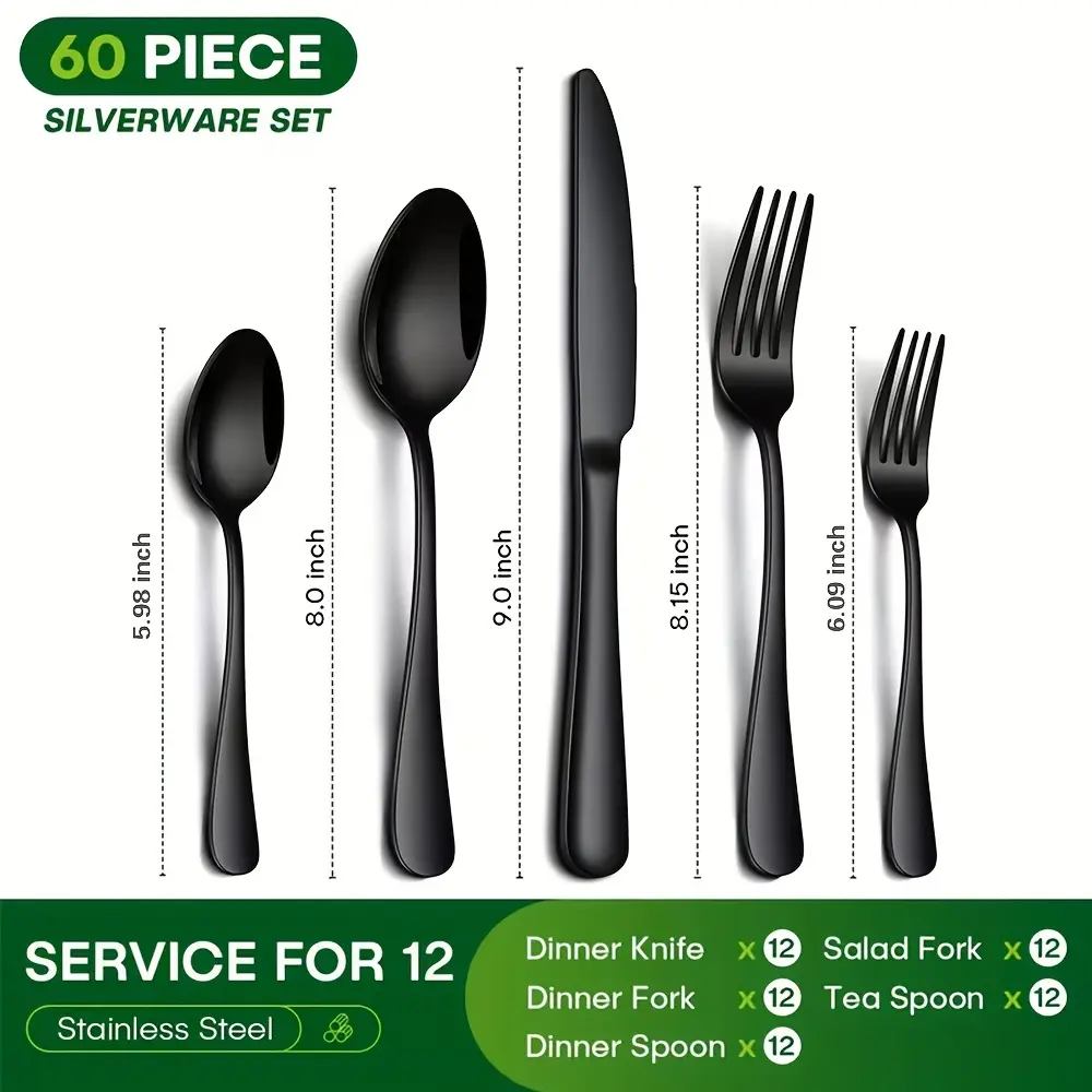 60-Piece Silver Stainless Steel Cutlery Set Durable Kitchen Utensils for Home Outdoor Use