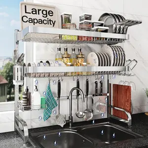 3 Tier  Stainless Steel Expandable Over The Sink Dish Drainer Drying Rack, Rust Proof Metal, Space Saving, Modern  Big Capacity Extendable Plate Strainers Above Kitchen Counter