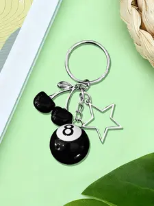 A Star&Cherry&Black 8 Billiards - Design Keychain, Fashionable DIY Acrylic Men's and Women's Car Keychain, Fashionable Aluminum Alloy Stainless Steel Chain, Birthday Gift Accessories, Bag Accessories
