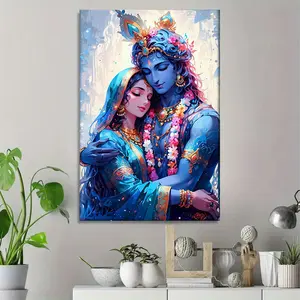 [Krishna Radha Art] 1pc Krishna Radha Canvas Painting | Lord Krishna and Radha Together Art - Home Decor, Wall Decor, Living Room, Bedroom, Office Decor, Room Decor, Mural Decoration, Size 16in/ 40cm*24in/ 60cm